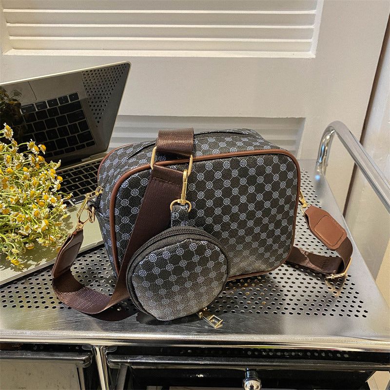 Women’s Vintage Crossbody Bag PU Leather Plaid Shoulder Handbag with Small Square Purse Set