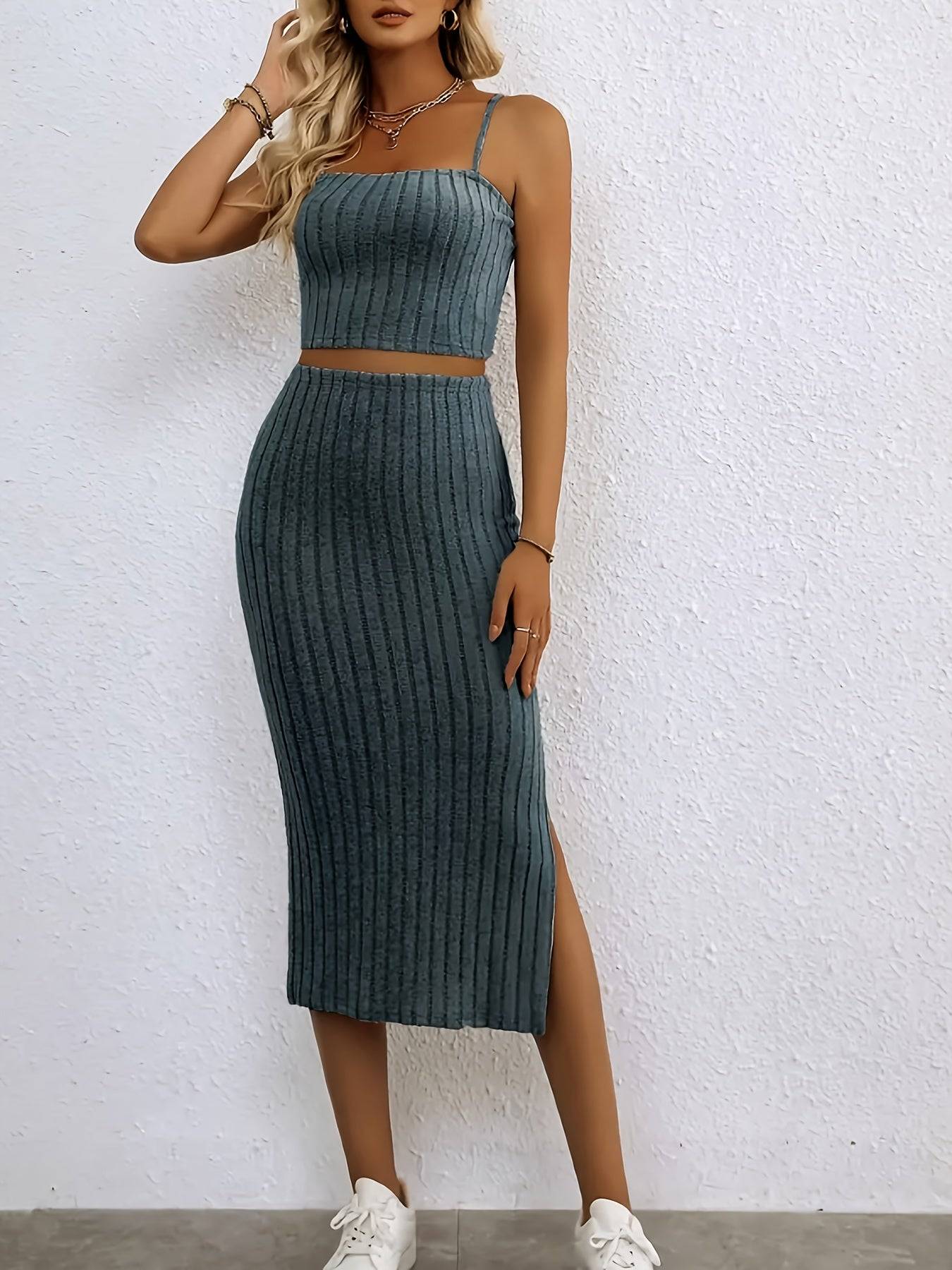 Women’s Elegant Two-Piece Set – Slim Ribbed Camisole Top & Fitted Skirt for Spring & Summer