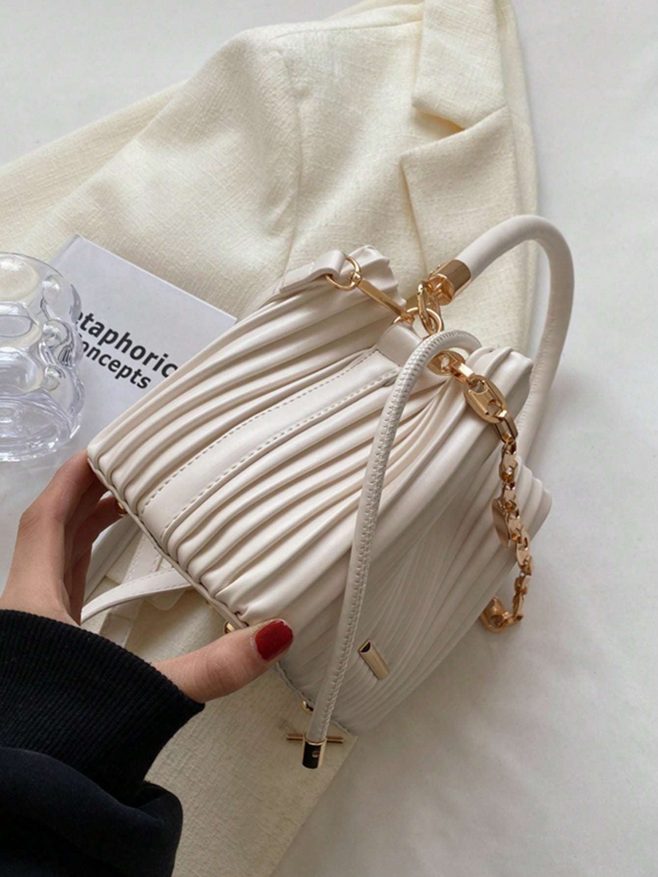 Women Tote Bag Pleated Chain Bucket Shoulder Handbag
