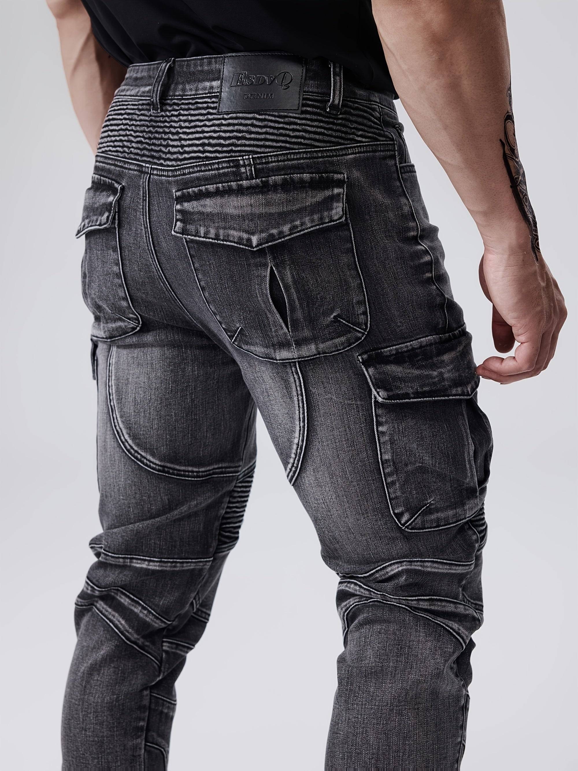 Men’s Slim Fit Stretch Jeans Straight-Leg Multi-Pocket Streetwear with Decorative Stitching
