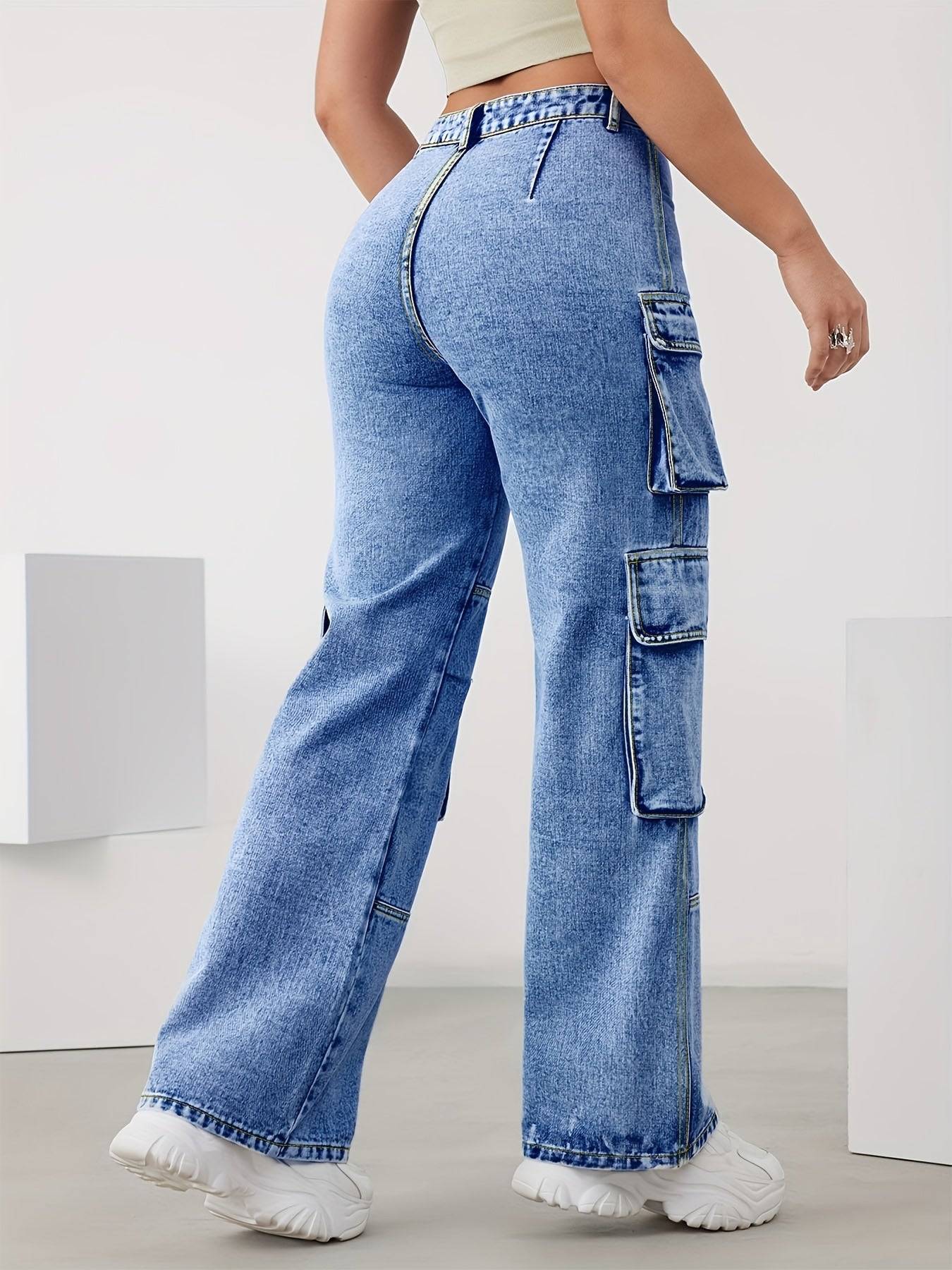 Women’s High-Waist Cargo Jeans Stretchy Wide-Leg Denim with Multiple Pockets in Light Blue