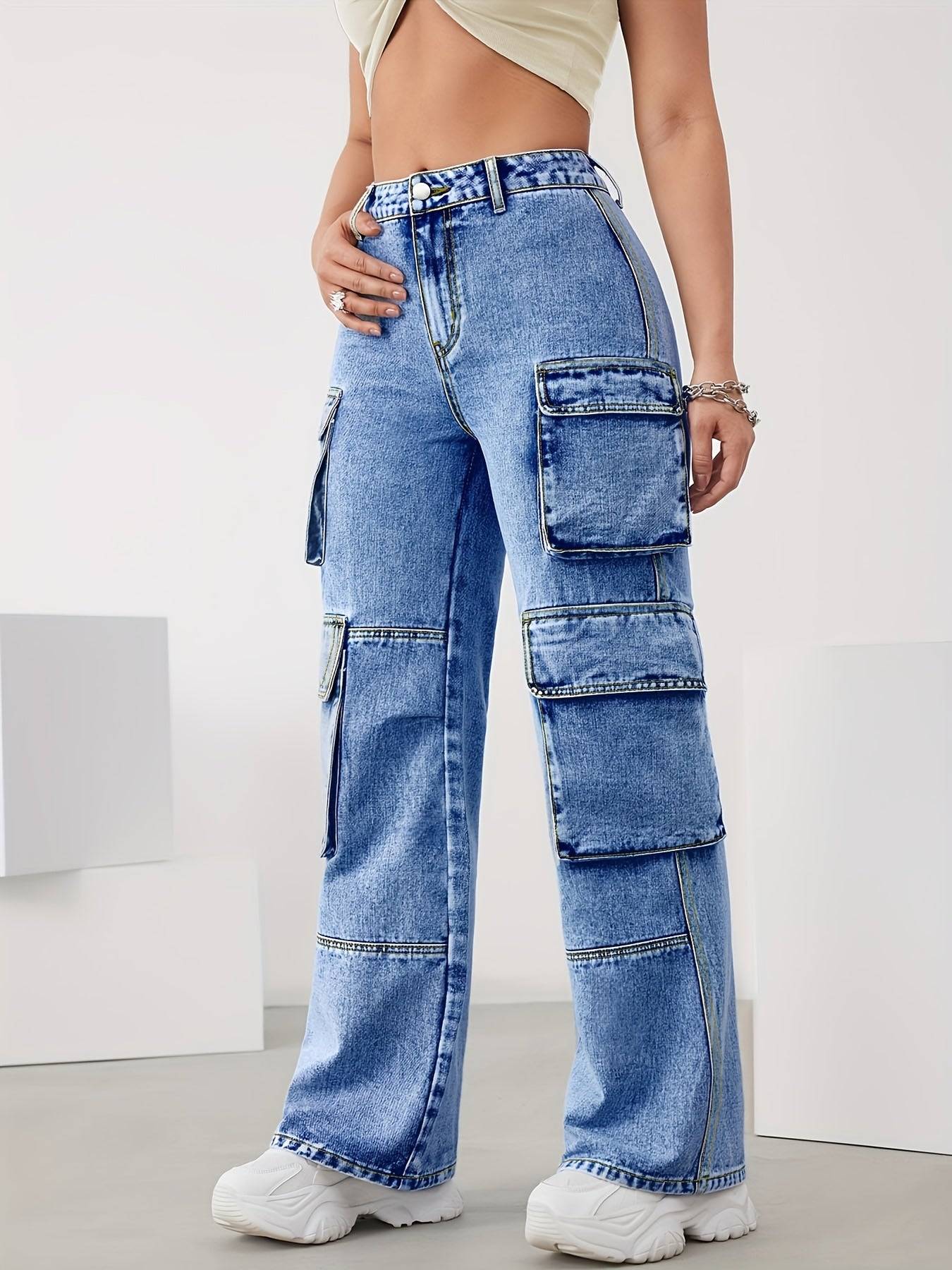 Women’s High-Waist Cargo Jeans Stretchy Wide-Leg Denim with Multiple Pockets in Light Blue
