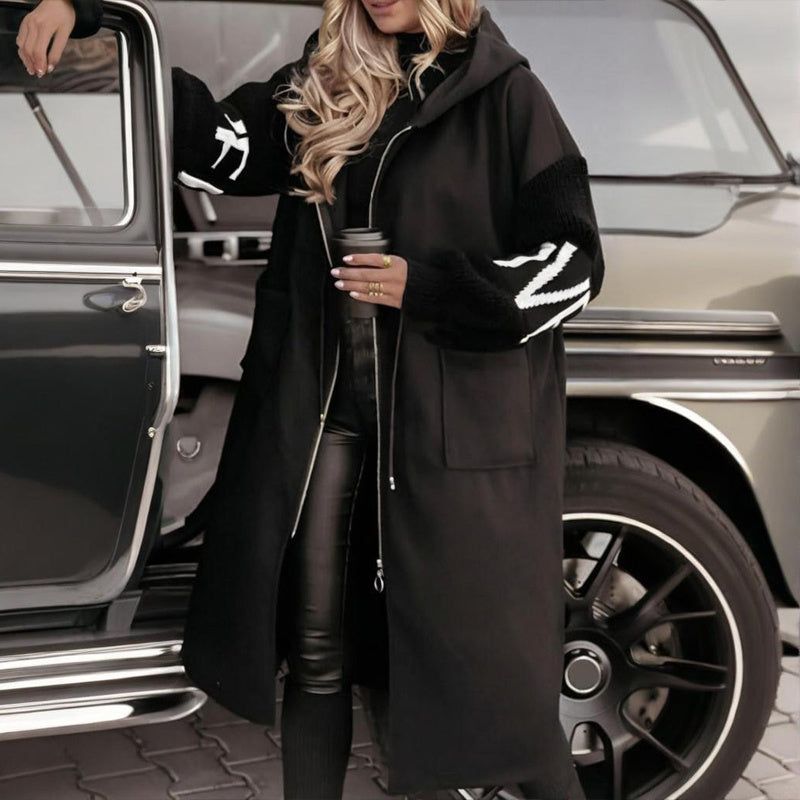 Letter Print Trench Coat with Hood and Zip Front