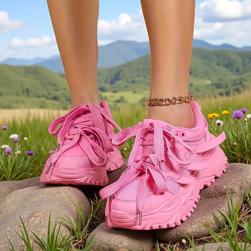 Women’s High-Top Neon Pink Sneakers – Breathable Mesh Lace-Up Shoes with Ribbon Accents & TPR Sole for Casual All-Season Streetwear
