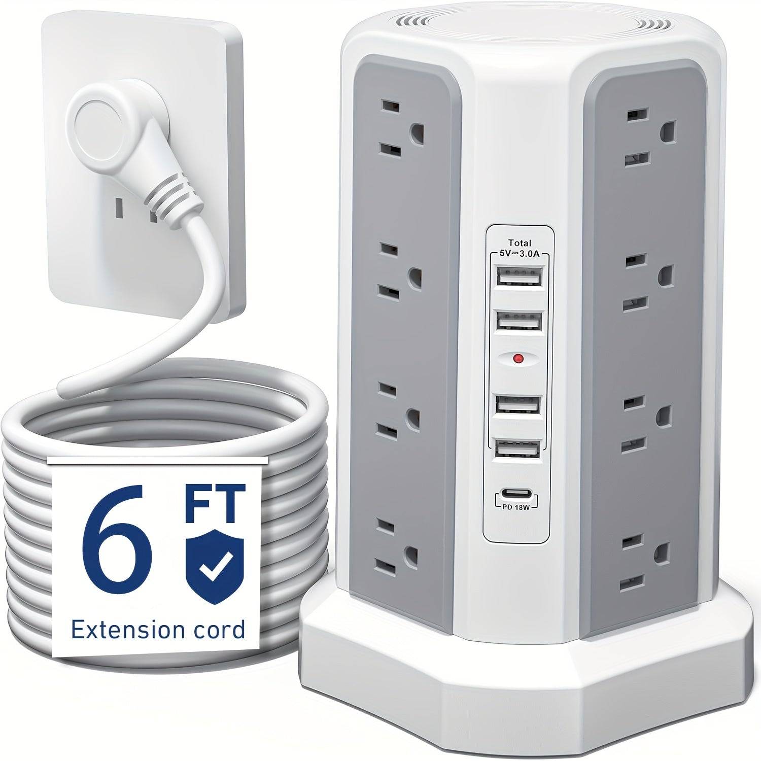Power Strip Tower with 16 AC Outlets & 5 USB Ports Flat Plug Design with USB-C Surge Protector Extension Hub