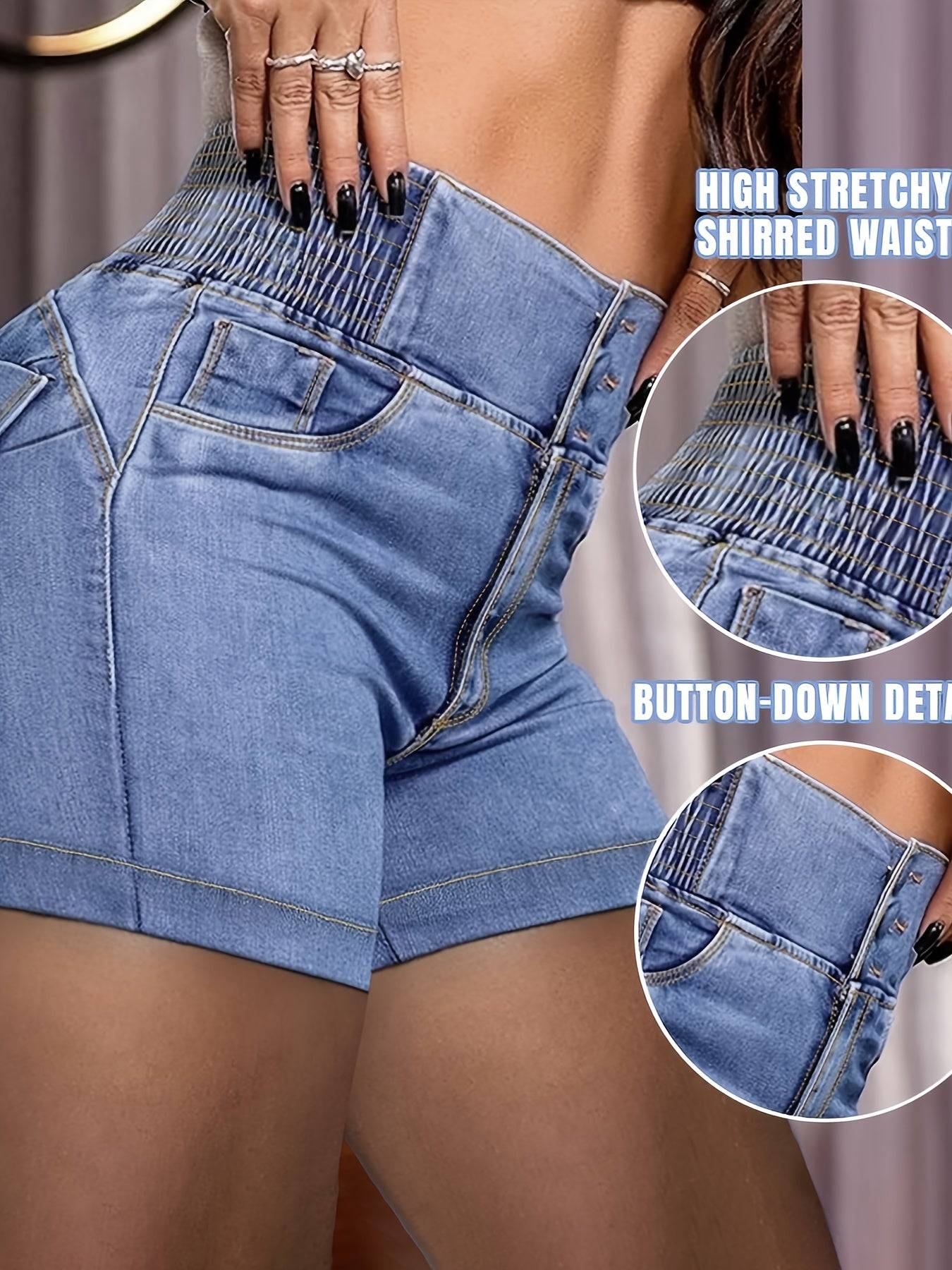 Stretchy high-waisted women’s denim shorts with shirred waistband, button-down detail, and slim fit for stylish summer wear.