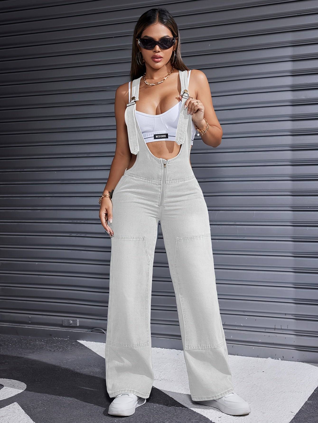 Women’s Denim Jumpsuit Adjustable Straps Loose Fit Wide-Leg Overalls for Summer & Autumn