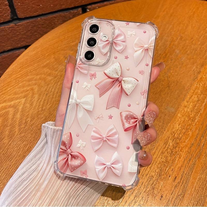 Aesthetic Bow Ribbon Phone Case Pink Stylish Transparent Shockproof Cover Soft Anti-Drop Design for Samsung Galaxy A14–A16, A22, A25–A26, A34–A36, A53–A56