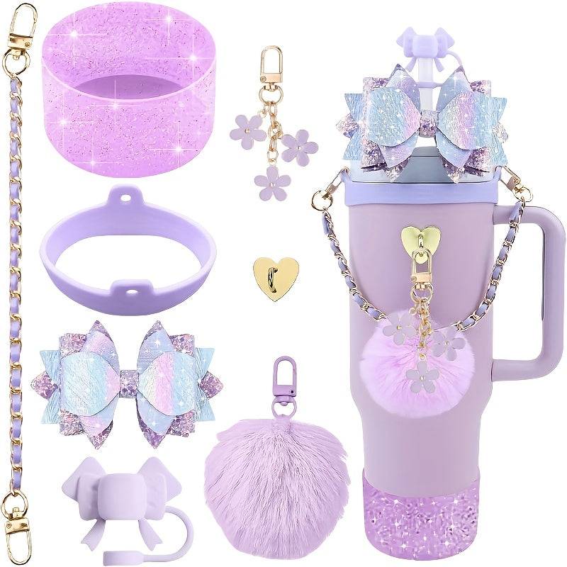 Bling Cup Accessories Set for 40oz & 30oz Tumblers, Silicone Bow Straw Topper, Cup Boot, Handle Strap and Decorative Charms (No Cup)