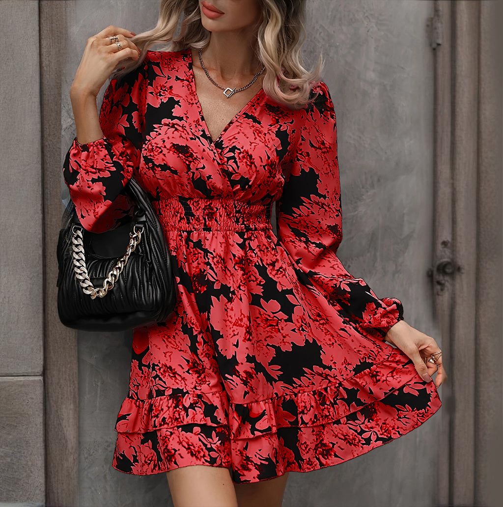 Printed A Line Dress with V Neck and Lantern Sleeves