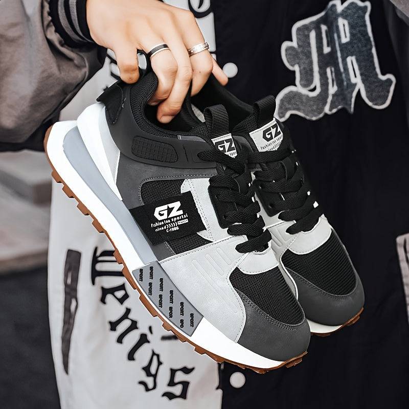 Men’s Casual Sneakers with Vintage Graphic Print, PU Upper & Non-Slip Rubber Sole, Low-Top Lace-Up Shoes for All-Season Wear