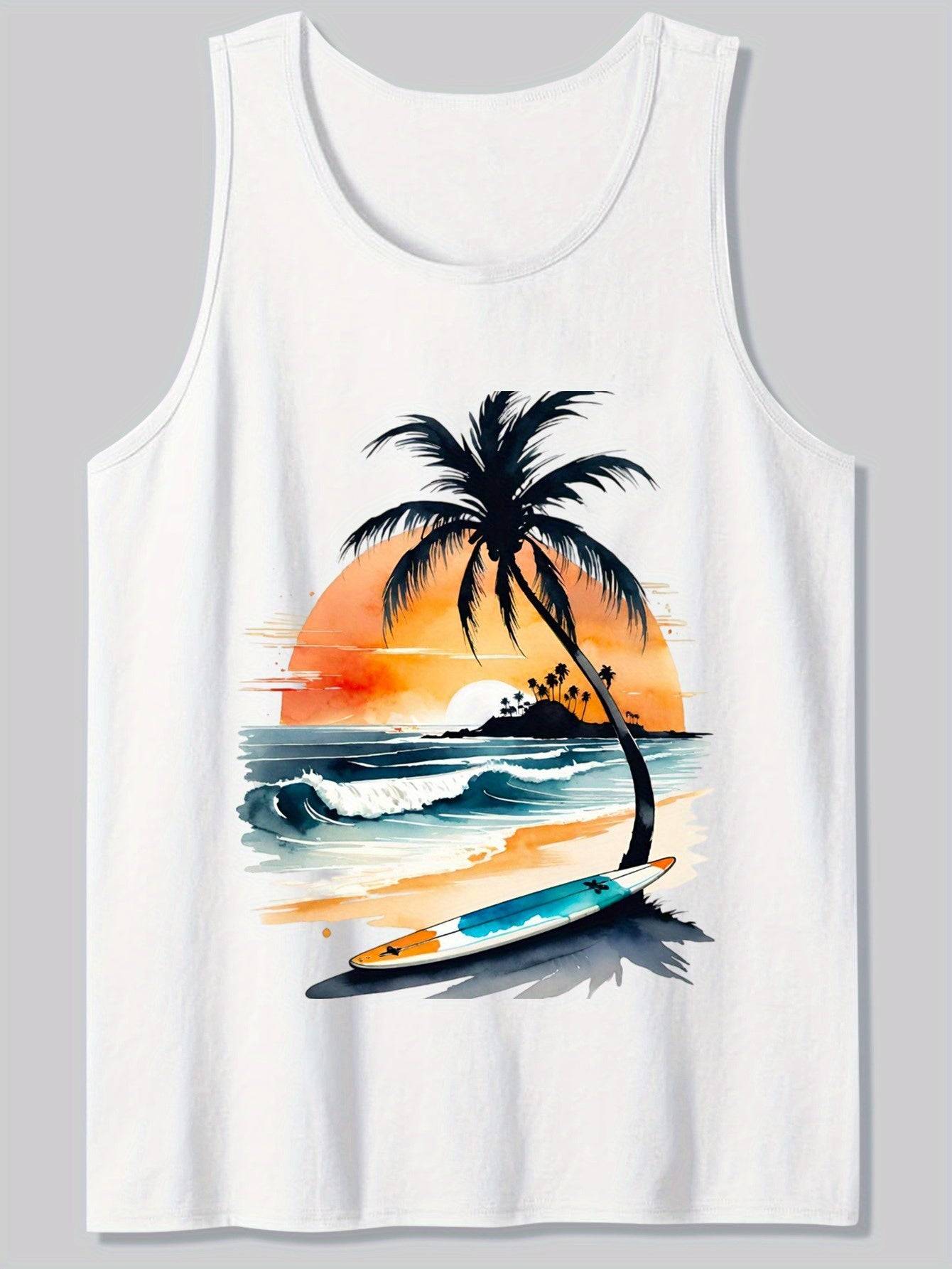 Men’s Sleeveless Tank Top Cotton Comfort Palm Tree Beach Print Casual Summer Style