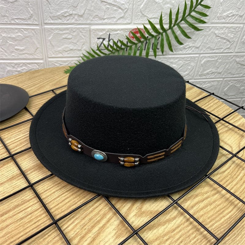 British Retro Woolen Wide Brim Flat Top Hat - PMMNAPOLES