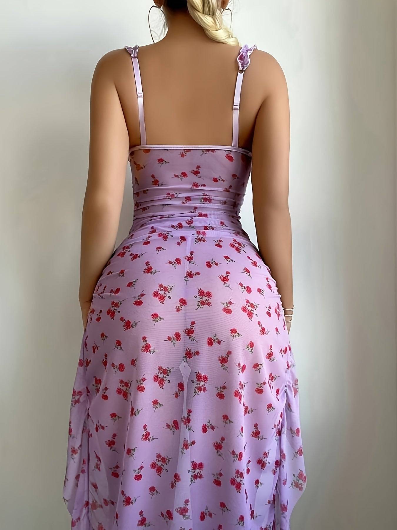 Women's Elegant Semi-Sheer Slip Dress Sets, Floral Polka Dot Nightdress with Ruffle Straps, V-Neck, Open Back, Side Slits and Thong