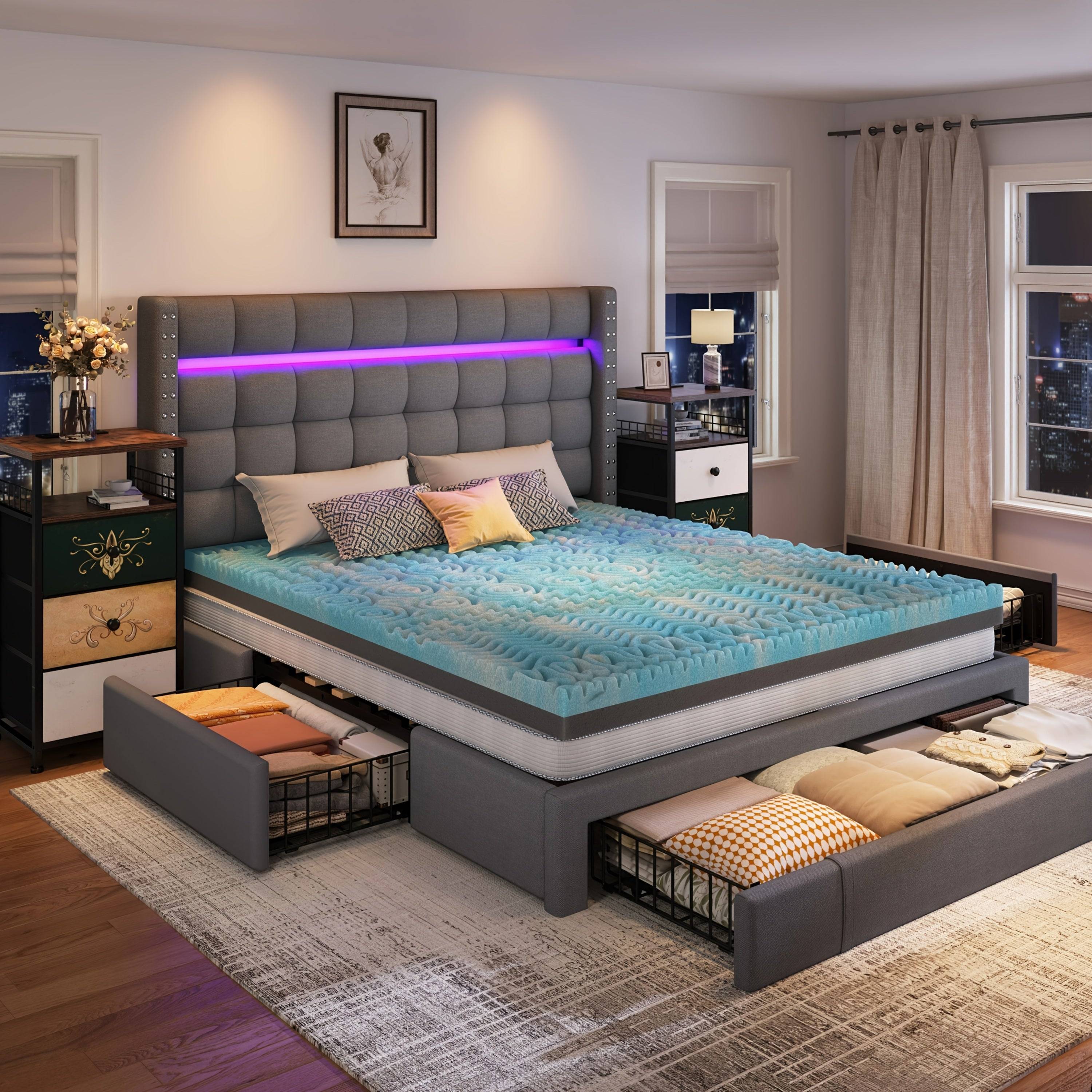 Modern Adjustable Bed with Soft Upholstered Headboard and Colorful Nightstand, Hardwood & Metal Frame, Plug-In Power, Easy Assembly