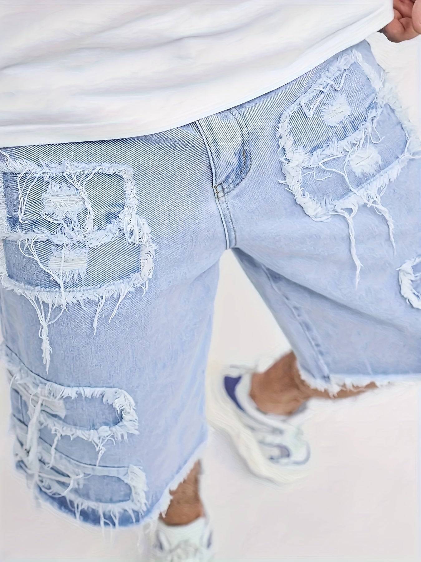 Men’s Summer Denim Shorts Distressed Ripped Design with Raw Hem Cotton Blend, Machine Washable
