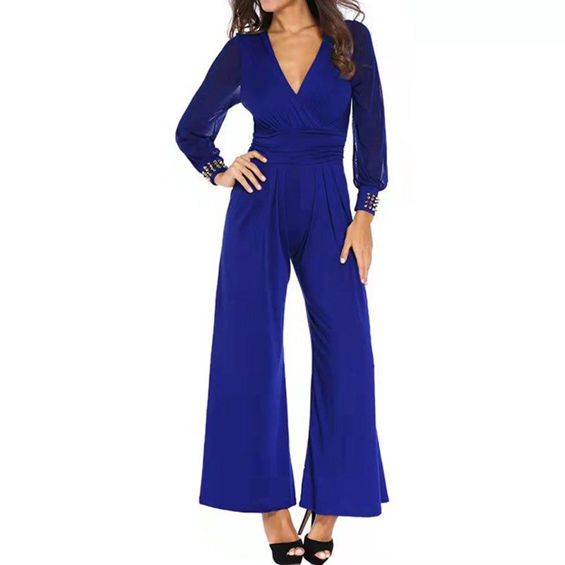 Mesh V Neck Jumpsuit with Wide Leg Silhouette