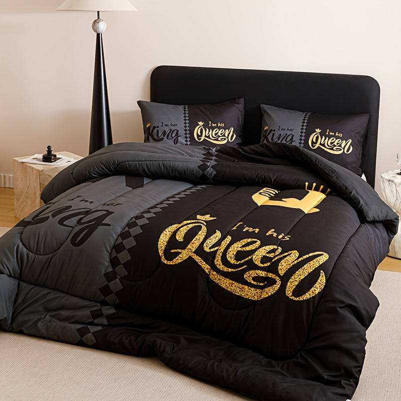 Crown Letter Quilt Set 3-Piece – Black & Grey Color Block Comforter with Pillowcases, 180gsm Padded