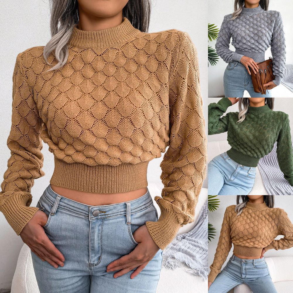 Cropped Knit Sweater with 3D Diamond Texture