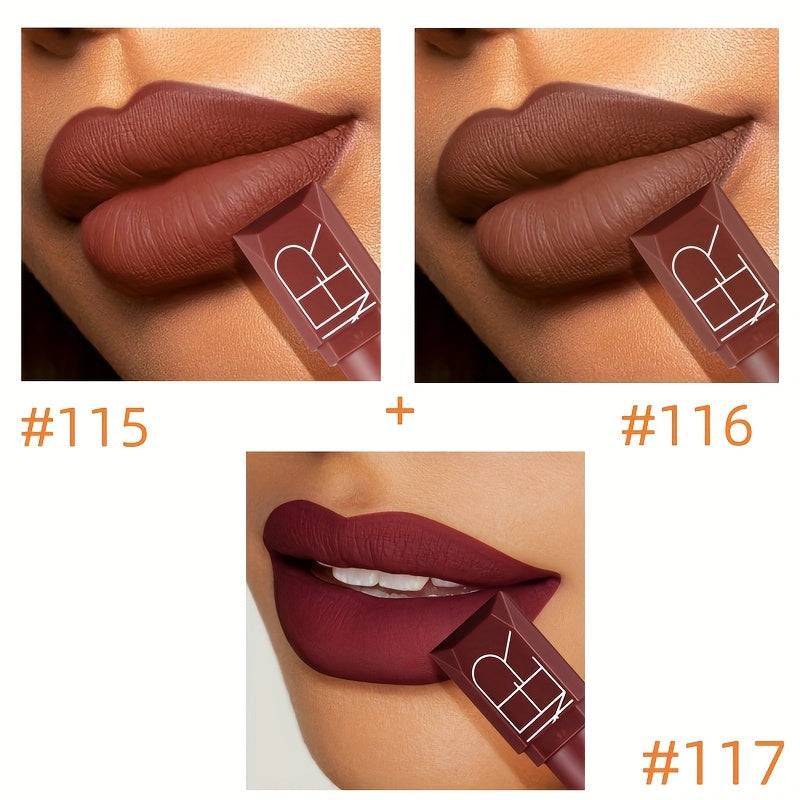 3pcs Velvet Matte Lipstick Set Waterproof Non-Stick Cup Formula with Squalane Long-Lasting Rich Brown, Pink, Purple & Red Shades