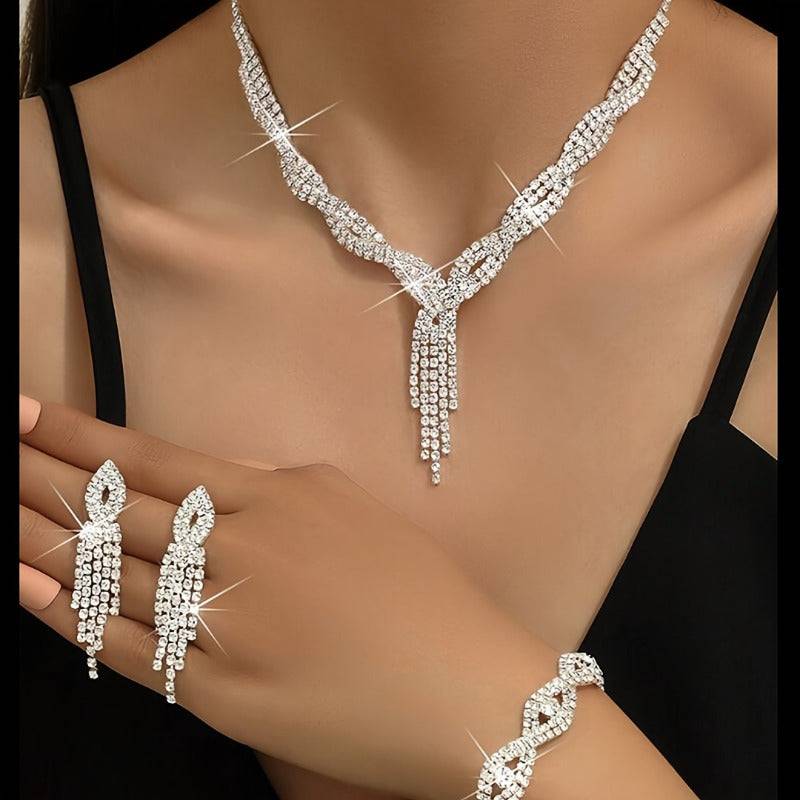 4pcs Elegant Dinner Set – Glossy Flip Cover Clutch Bag with Rhinestone Earrings, Necklace & Bracelet for Weddings and Formal Events