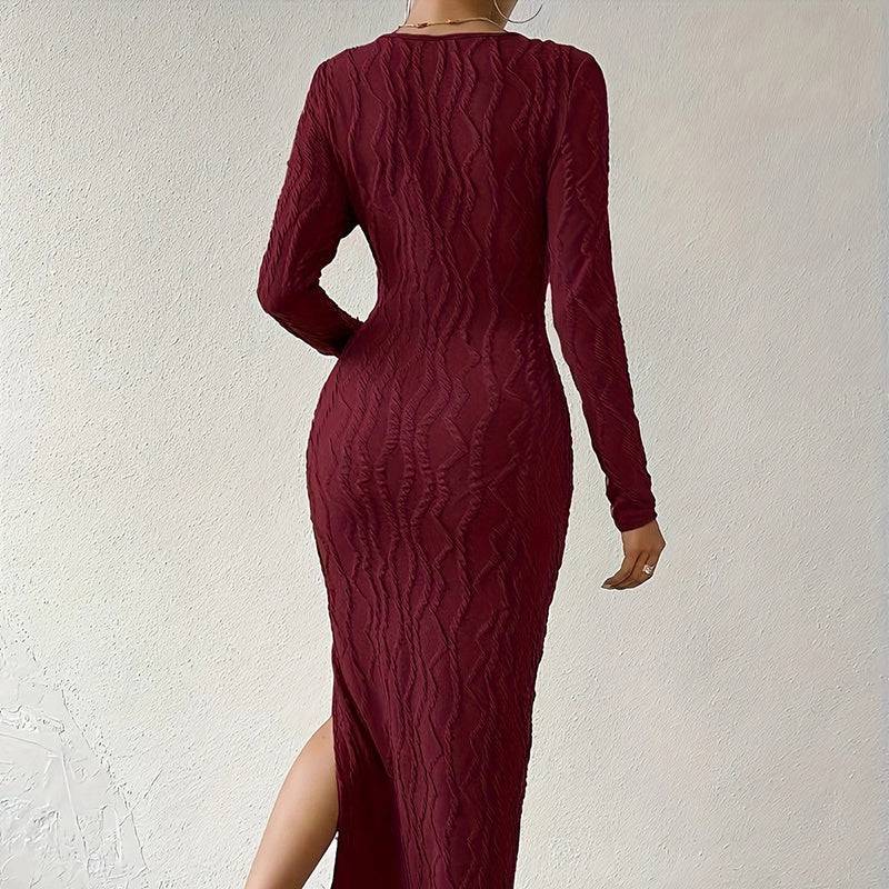 Ribbed Bodycon Midi Dress with Crew Neck Long Sleeves