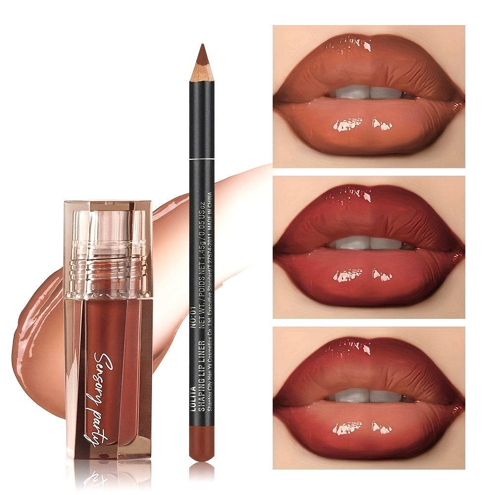 Hydrating Lip Gloss & Lip Liner Set Long-Lasting Matte Finish with Precision Lip Pencil & Nourishing Balm Universal Light Beige Shade