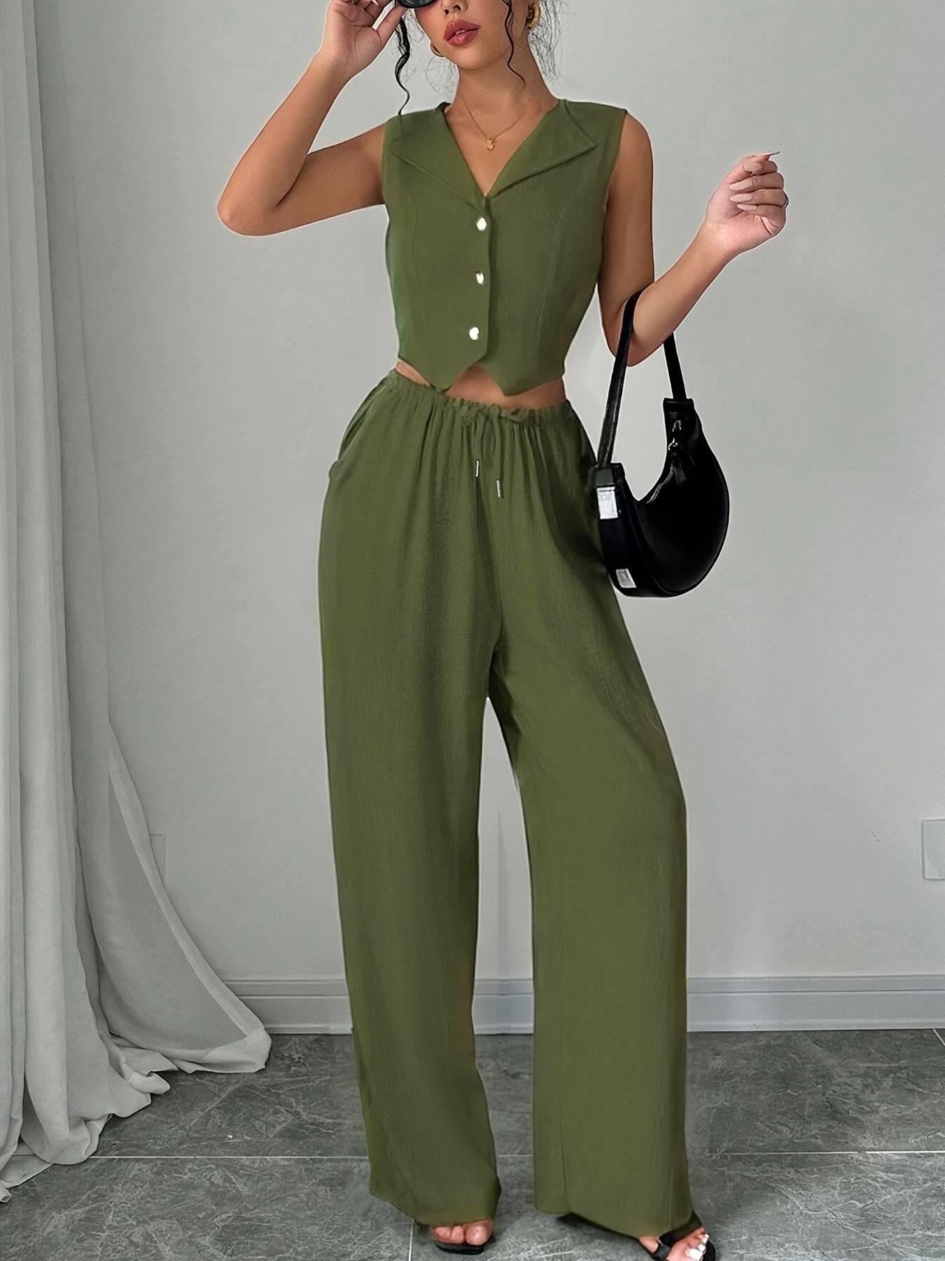 Women’s Two-Piece Set – Sleeveless Blazer Collar Top & Casual Pants for Work, Outings & Holidays
