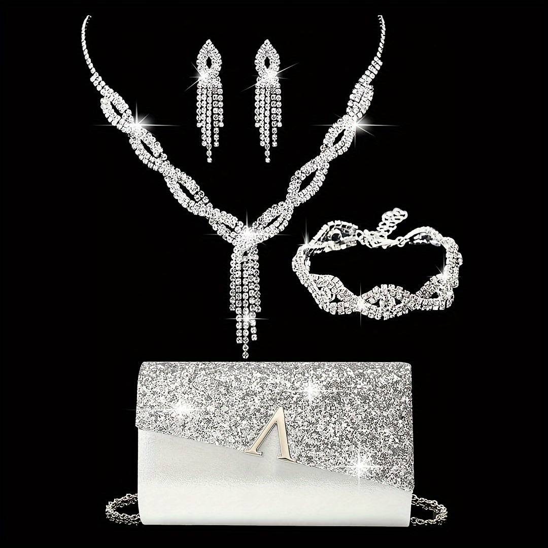 4pcs Elegant Dinner Set – Glossy Flip Cover Clutch Bag with Rhinestone Earrings, Necklace & Bracelet for Weddings and Formal Events