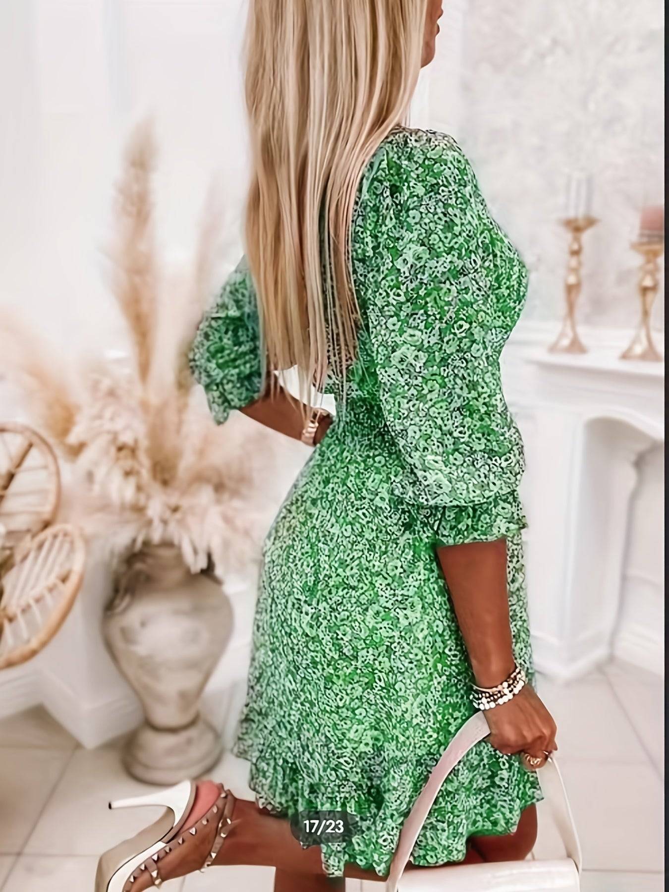 Floral V Neck Dress with Ruffle Sleeves