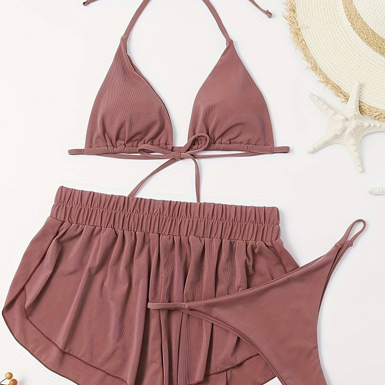 Women’s Solid Color 3-Piece Swimsuit Set with Bikini Top & Beach Cover-Up, Stylish Summer Swimwear for Pool & Vacation