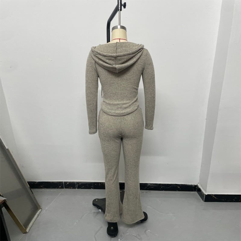 Womens Two Piece Set Hooded Jacket Flare Pants