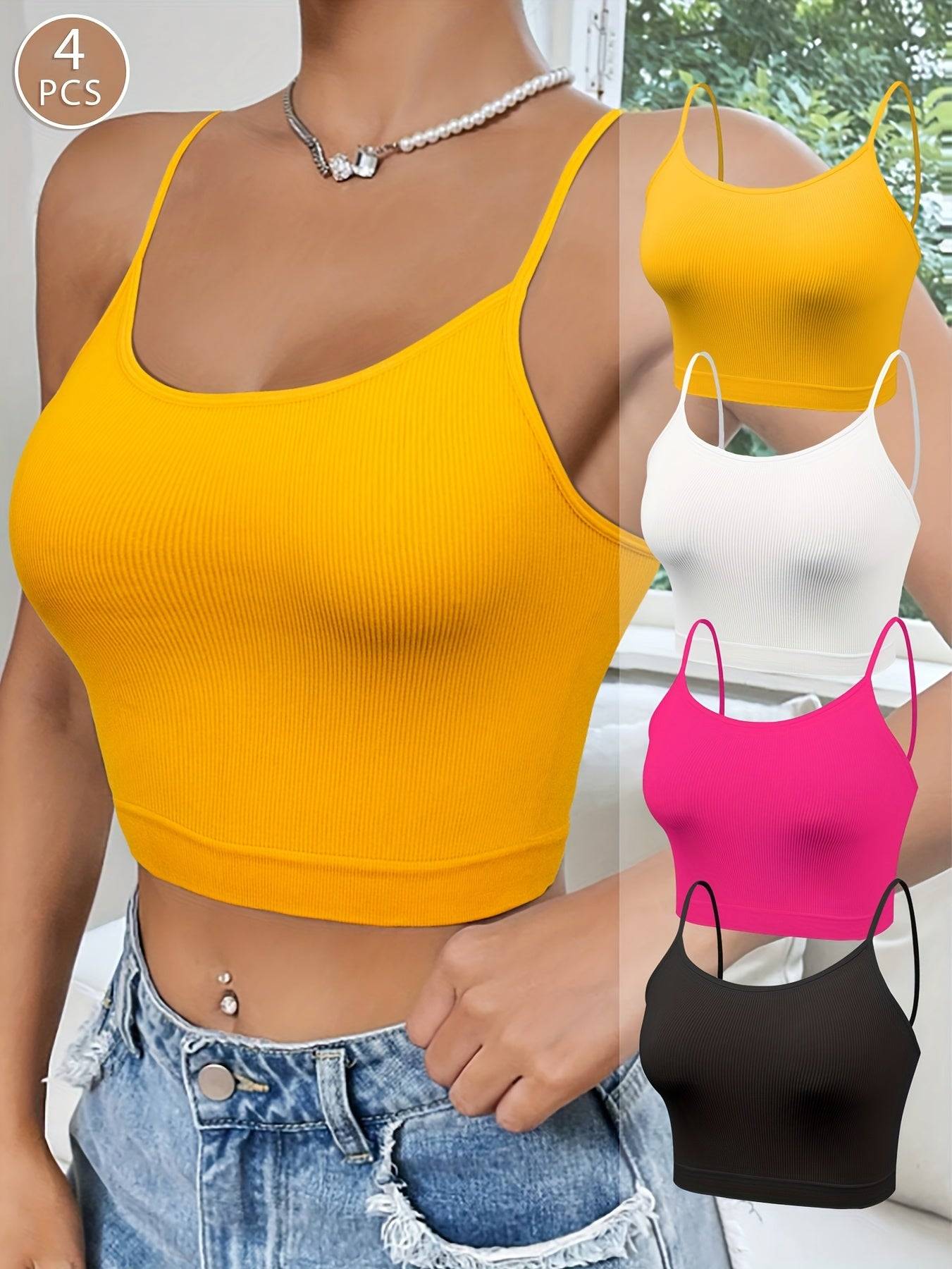 4-Pack Seamless Knit Tank Tops for Women – Soft Elastic Solid Color Camisoles for Spring, Summer & Fall