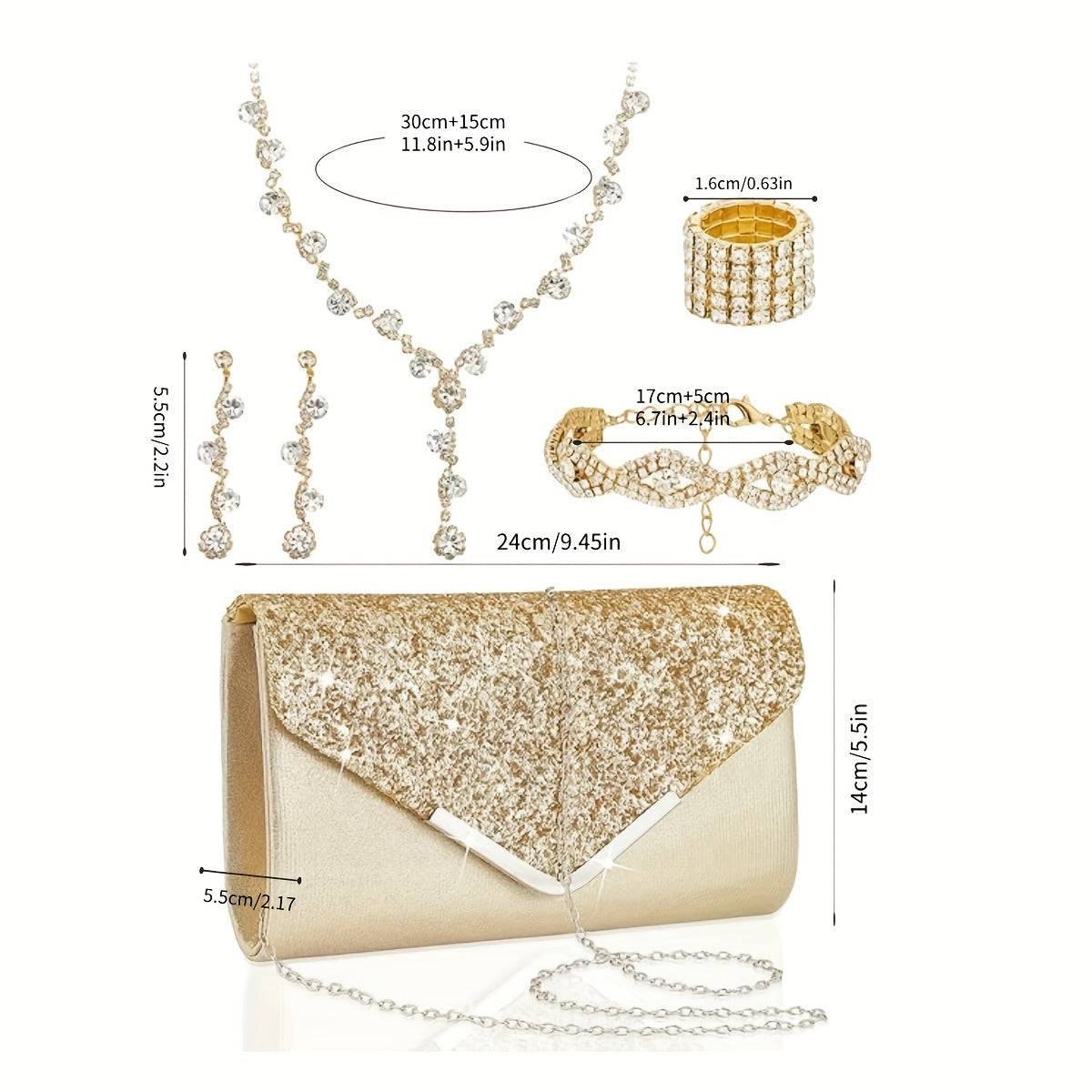 5pcs Women’s Rhinestone Accessory Set – Wallet, Clutch Bag, Necklace, Earrings & Bracelet for Brides and Formal Events