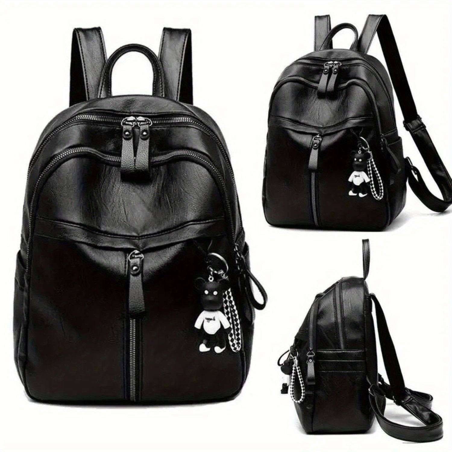 Solid Color Backpack with Double Straps Large Capacity, Zipper Closure & Cute Bear Pendant for Travel, School & Daily Use