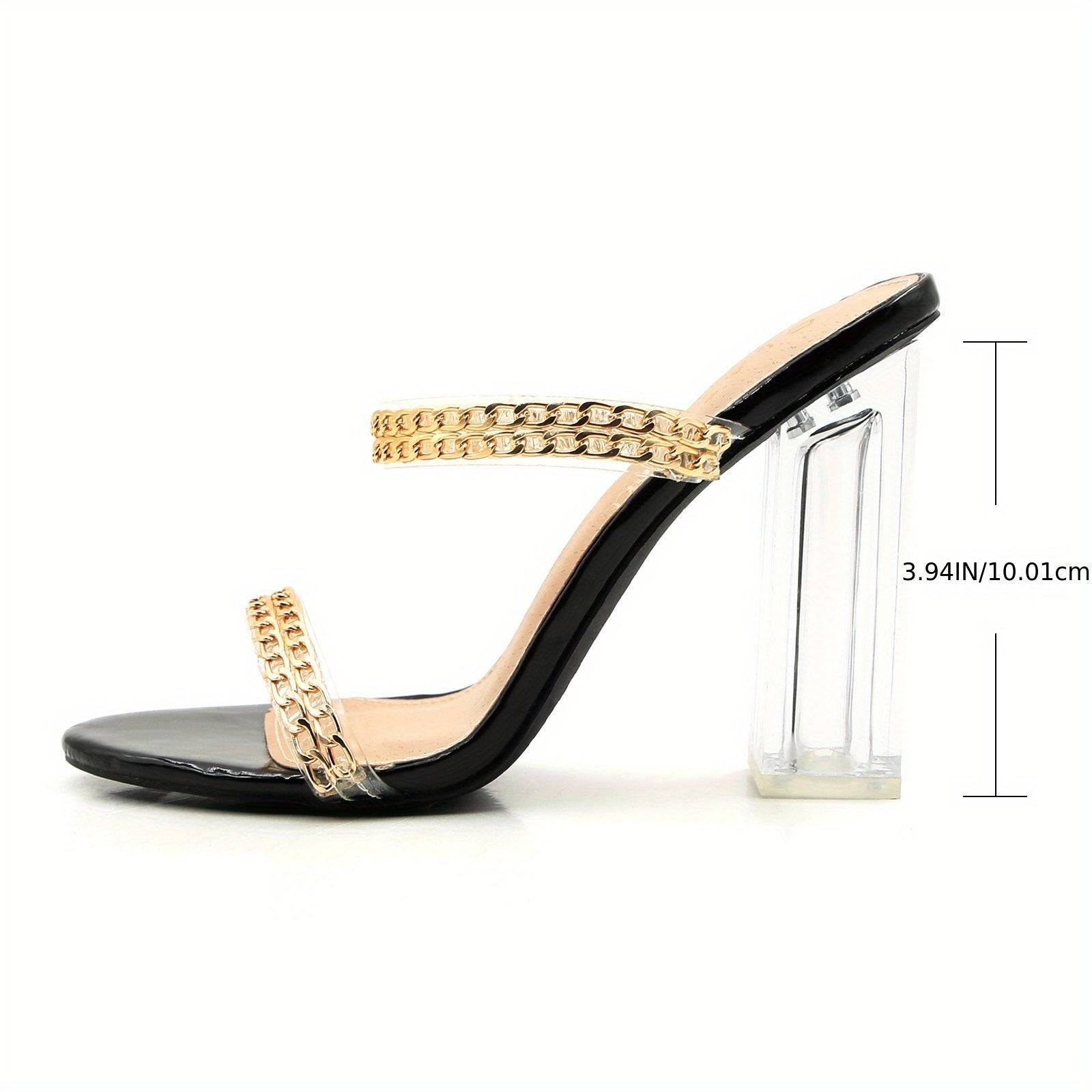 Women's Golden Chain Slingback Heels, Elegant Open Toe Block Heel Sandals with Transparent Strap for Weddings, Parties and Casual Wear