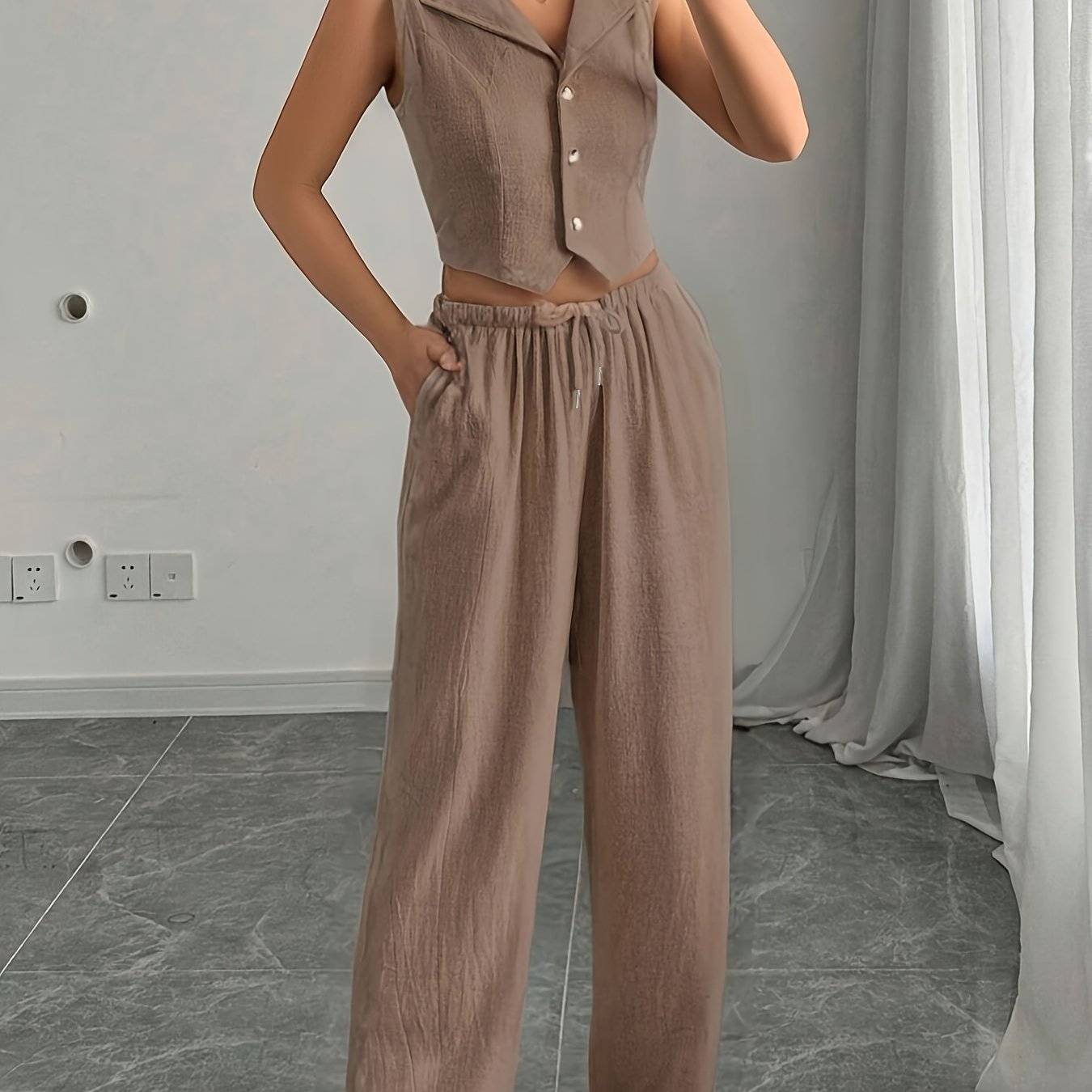 Women’s Two-Piece Set – Sleeveless Blazer Collar Top & Casual Pants for Work, Outings & Holidays