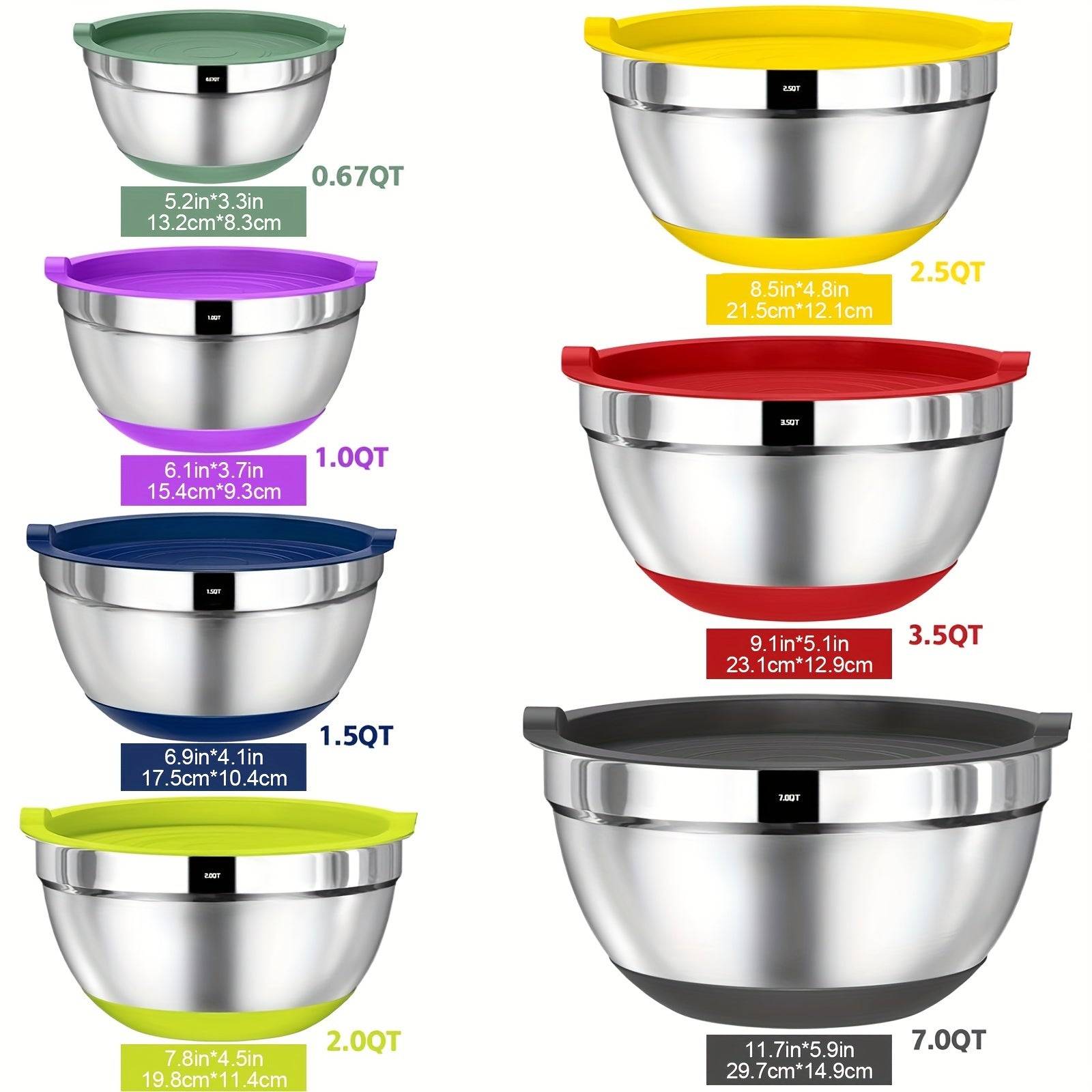 20pcs Stainless Steel Mixing Bowls Set with Lids Non-Slip Silicone Base Multiple Sizes for Baking, Serving & Prep