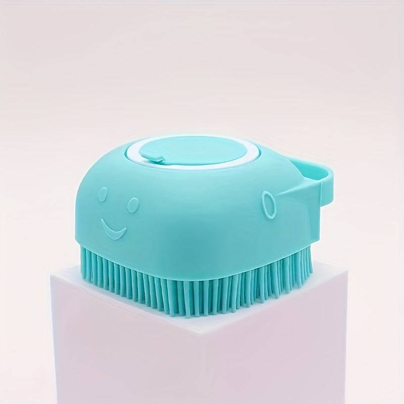 Dog and cat bath brush with shampoo dispenser, soft silicone bristles, ideal for long and short hair during shower