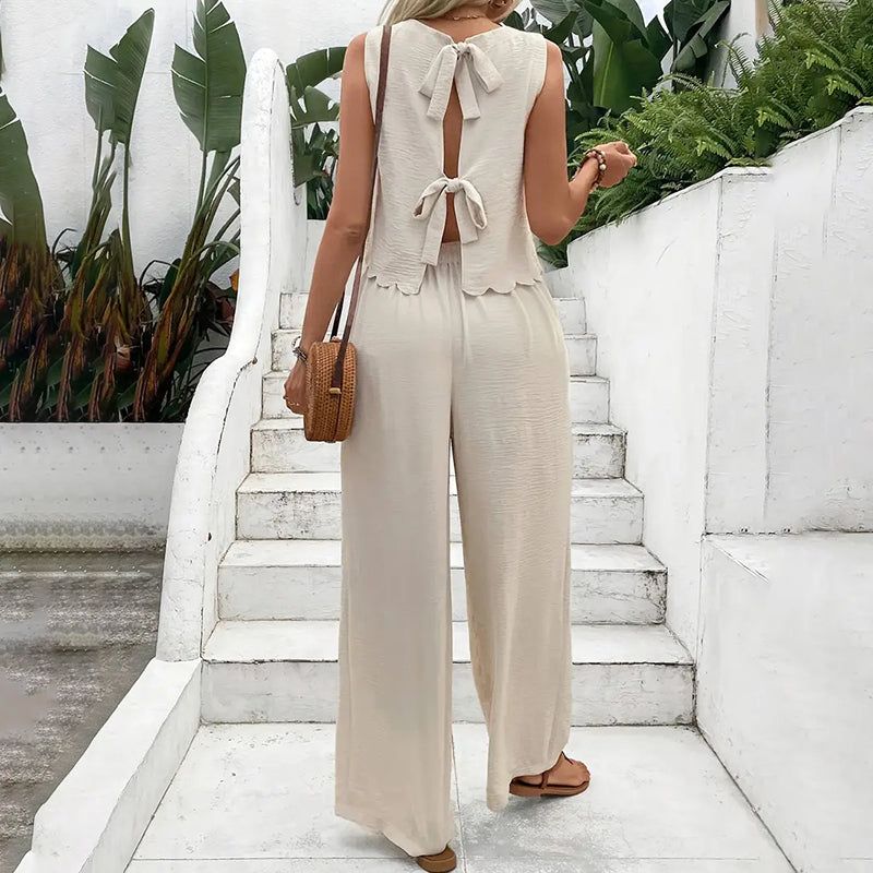 Womens Two Piece Set With Tie Back Top And Wide Leg Pants
