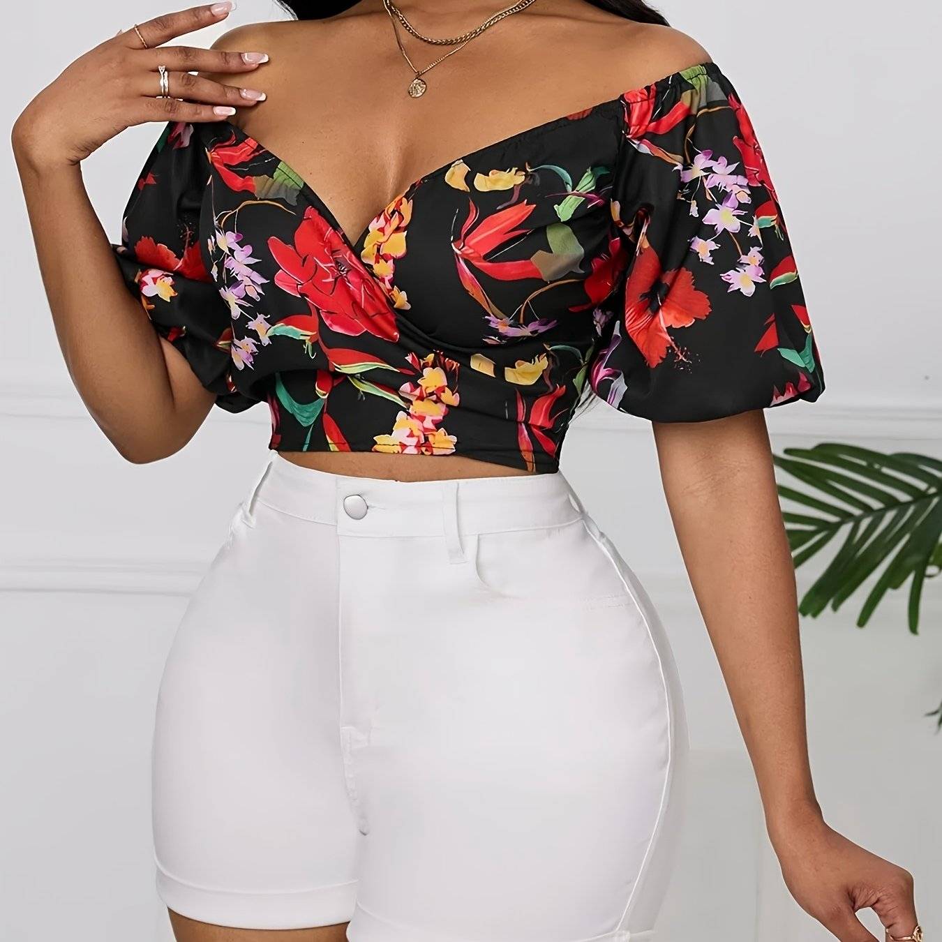 Women’s Off-Shoulder Floral Blouse – Wrap Bust, Lantern Sleeves, Elegant All-Season Top