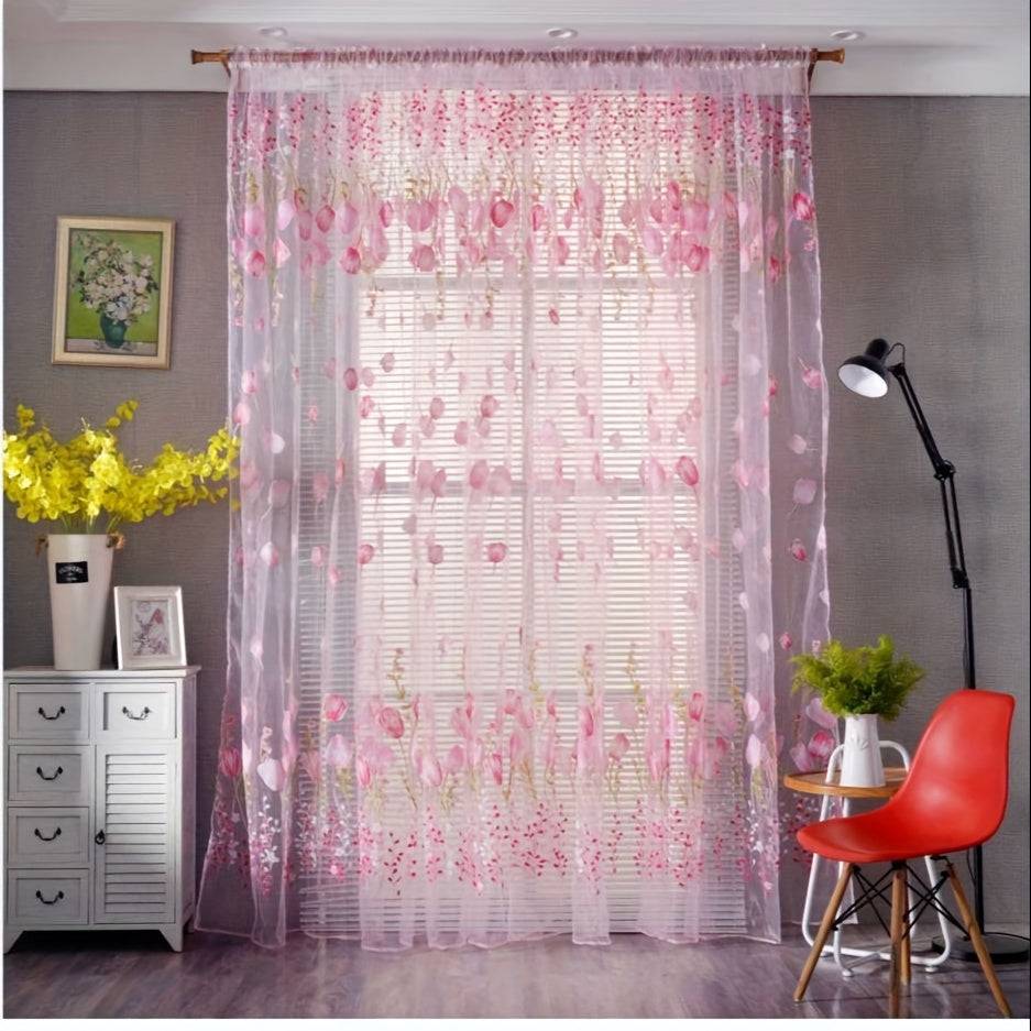2-Panel Tulip Curtains for Living Room 79-Inch, Elegant Sheer Chiffon Drapes with Spring Flower Print & Rod Pocket Top for Bedroom & Balcony