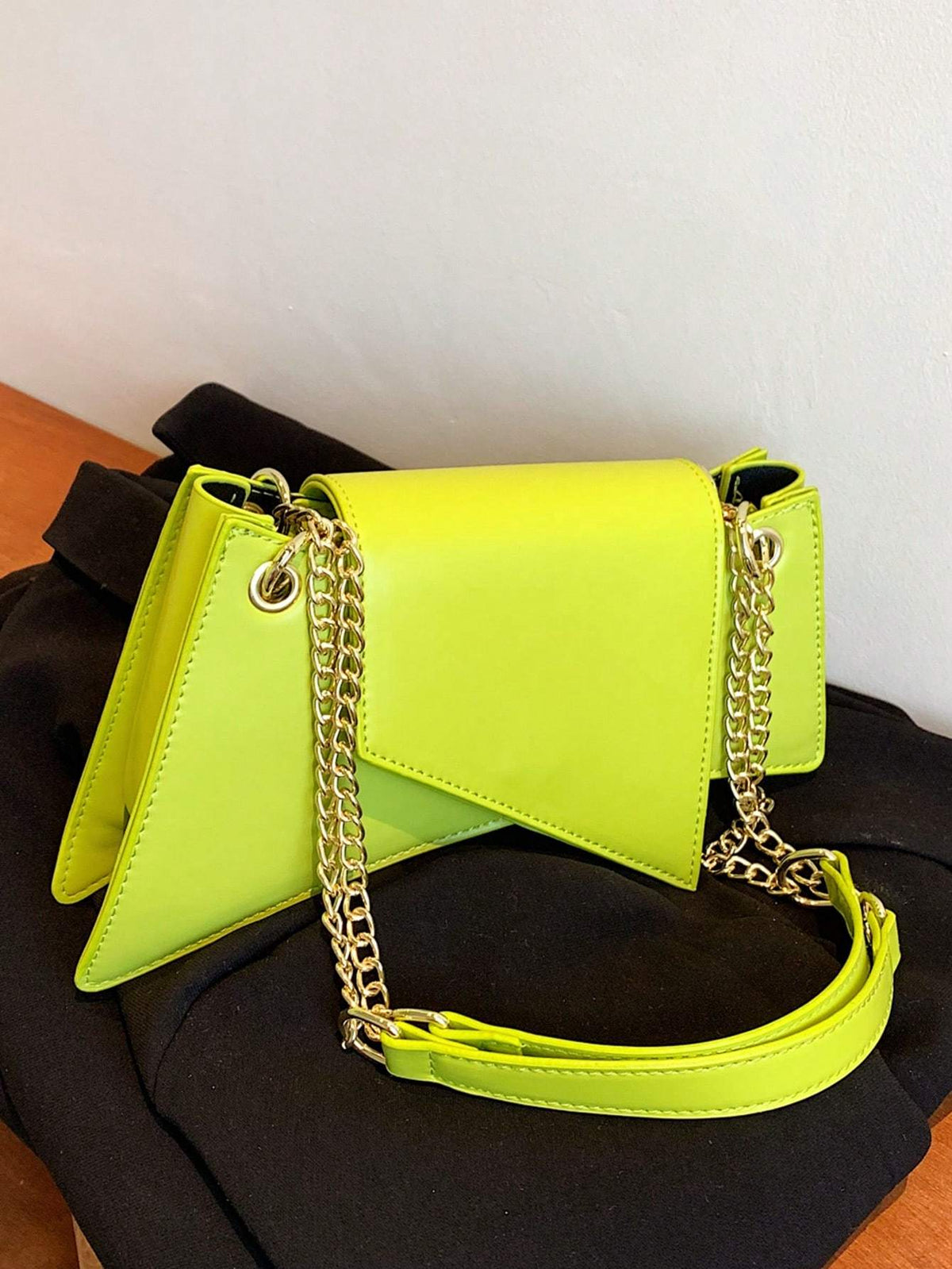 Neon Green Tote Bag PU Leather Chain Stone Pattern Purse