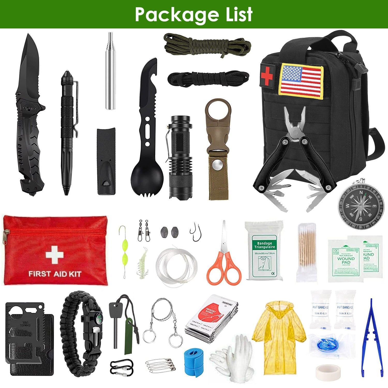 47 Piece Survival Kit with Tactical Tools and First Aid Gear