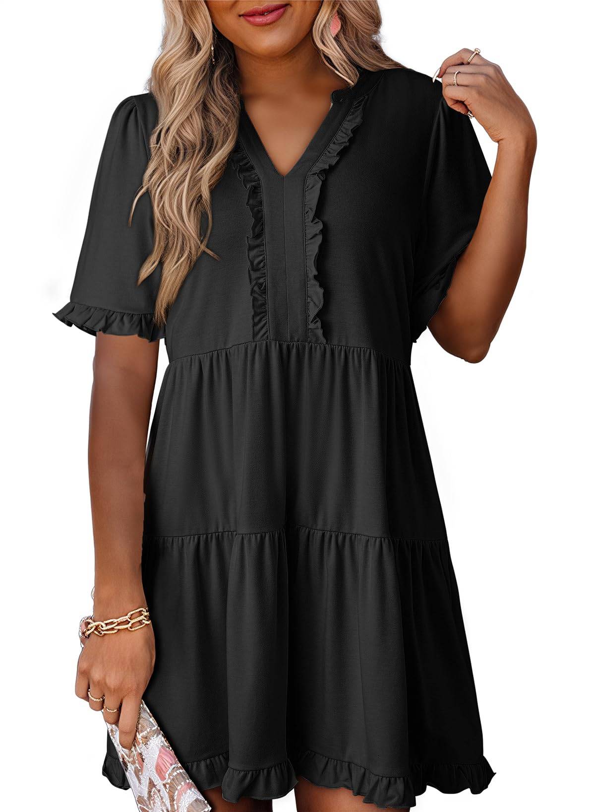 V Neck A Line Mini Dress For Women With Ruffle Detail