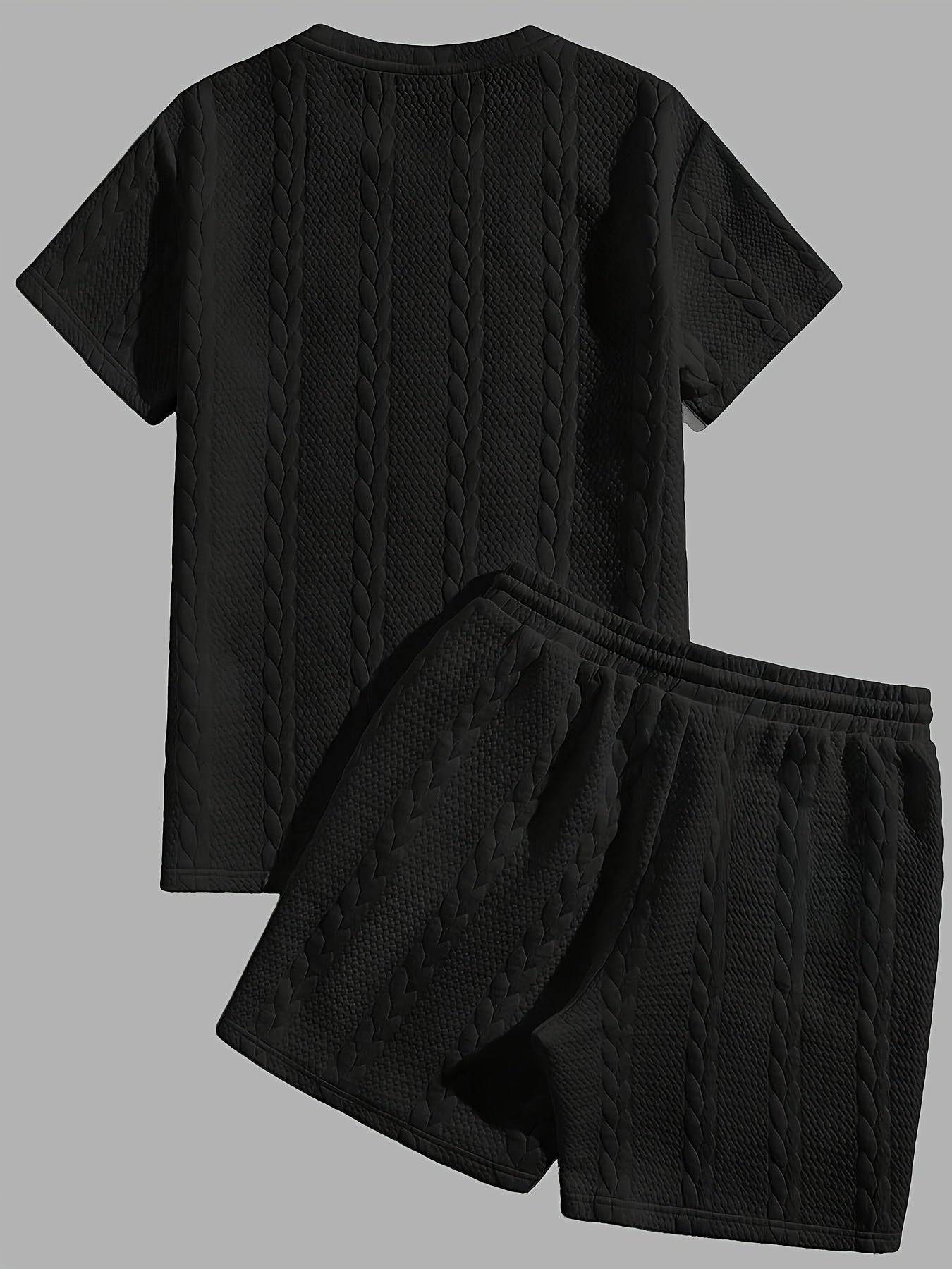 Men's Summer Two-Piece Set, Heavyweight Polyester T-Shirt with Round Neck and Printed Drawstring Shorts, Casual Outfit with Pockets