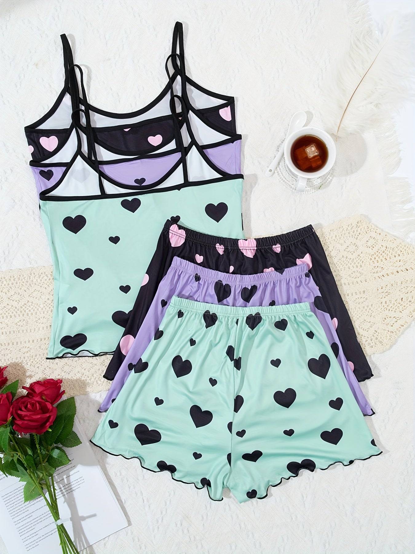 2-Piece Women's Pajama Set – Elegant Spaghetti Strap Top & Shorts in Smooth Polyester, Lightweight Sleepwear for Spring, Summer & Fall