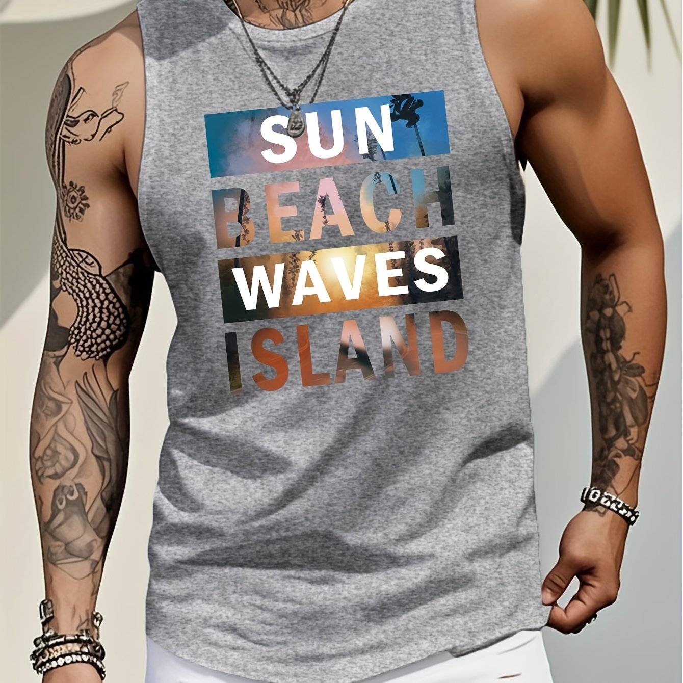Men’s Sleeveless Tank Top Cotton Crew Neck Island & Beach Wave Print Summer Casual Sport Style