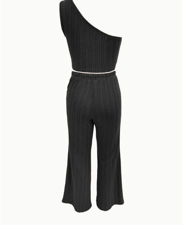 Women's Sleeveless Knitted Two-Piece Set, Solid Color, Polyester Top and Pants