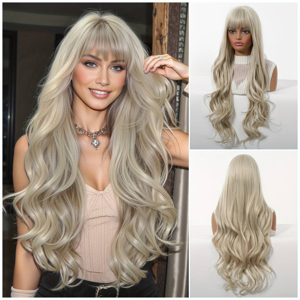 Synthetic Wig for Women Heat-Resistant Long Beach Waves with Blunt Bangs Voluminous Curly Hairpiece with Adjustable Cap for Weddings, Parties & Daily Wear